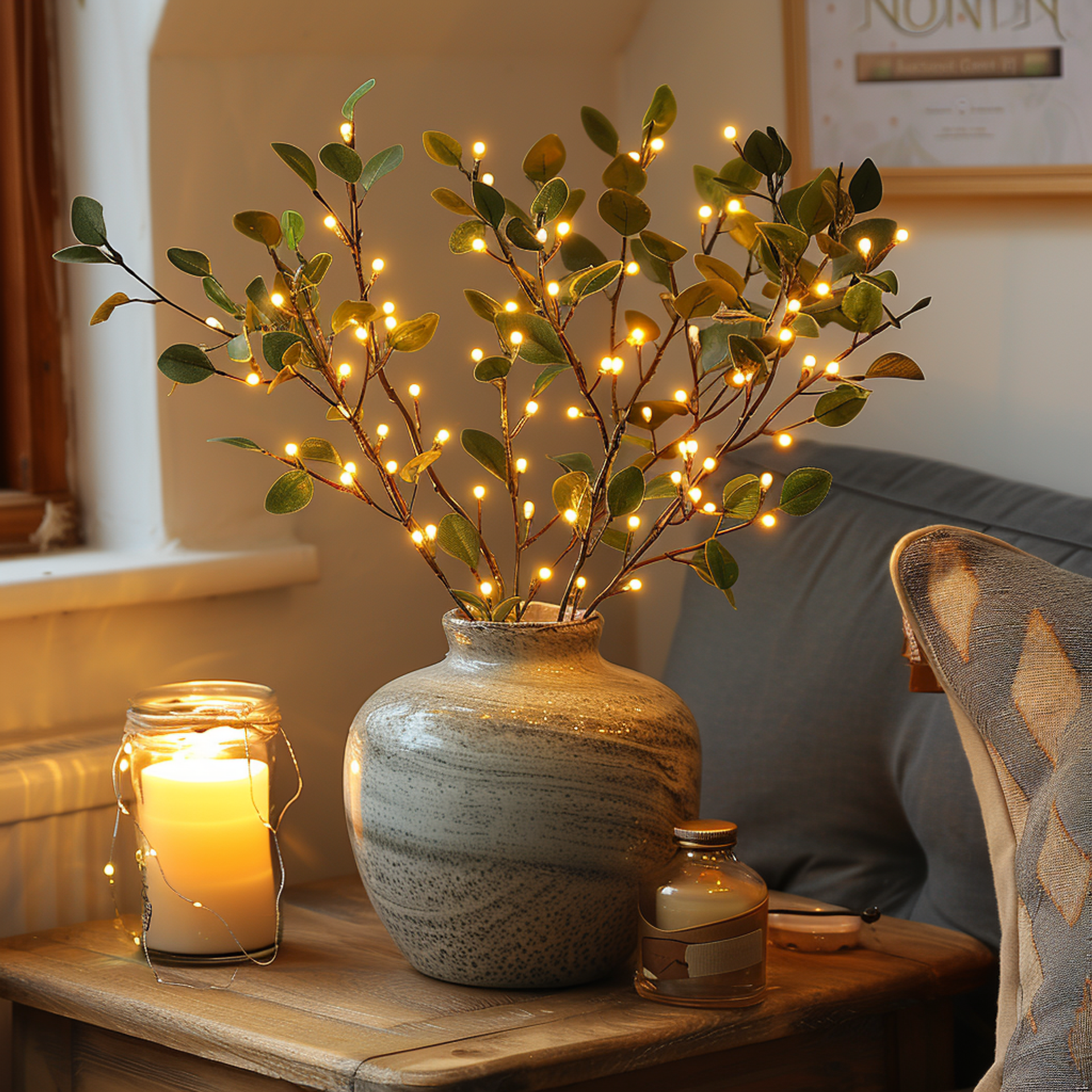 Fairy Lights Olive Branch | Decorative Light with Twinkling LEDs | Nature-Inspired Home Accent | Adjustable Light Fixture | Warm White LED Light - Zardee-5