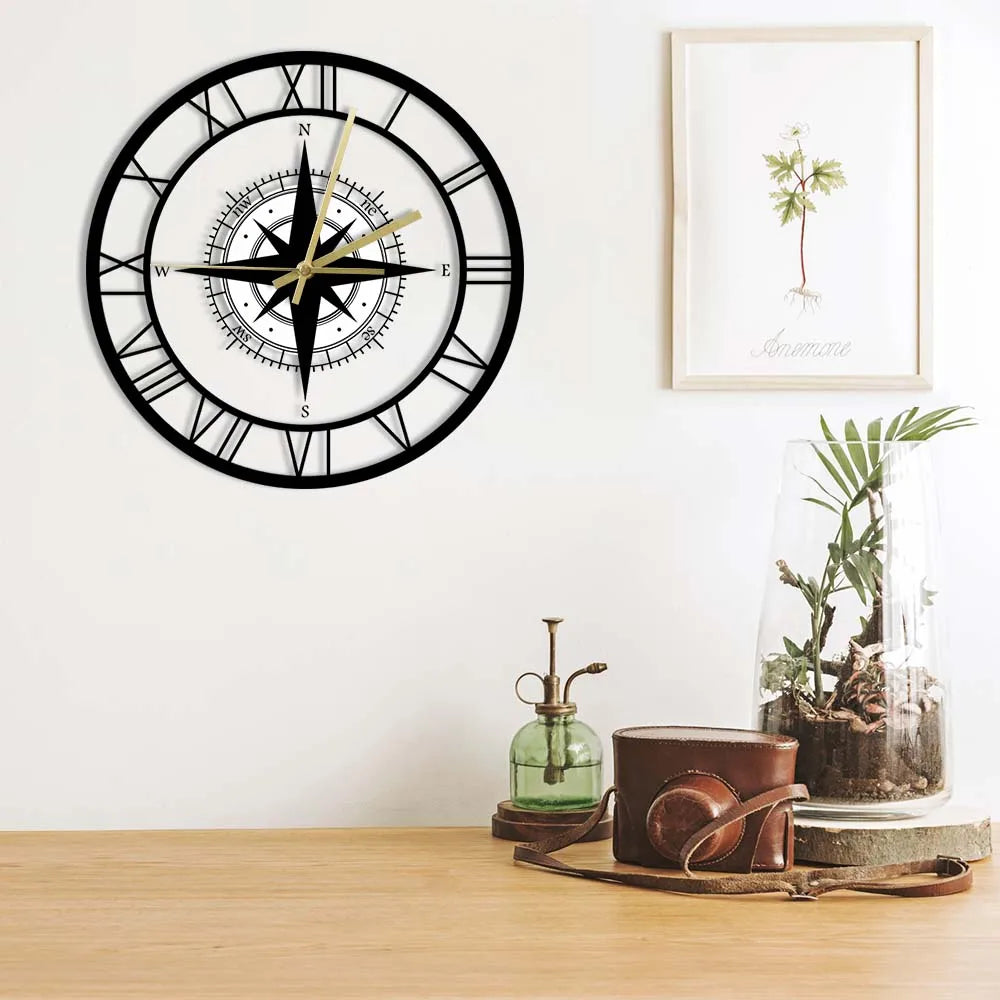 Nautical Wall Clock | Silent Compass Design | Vintage Metal Clock | Maritime Home Decor | Unique Gift Idea - Zardee-2