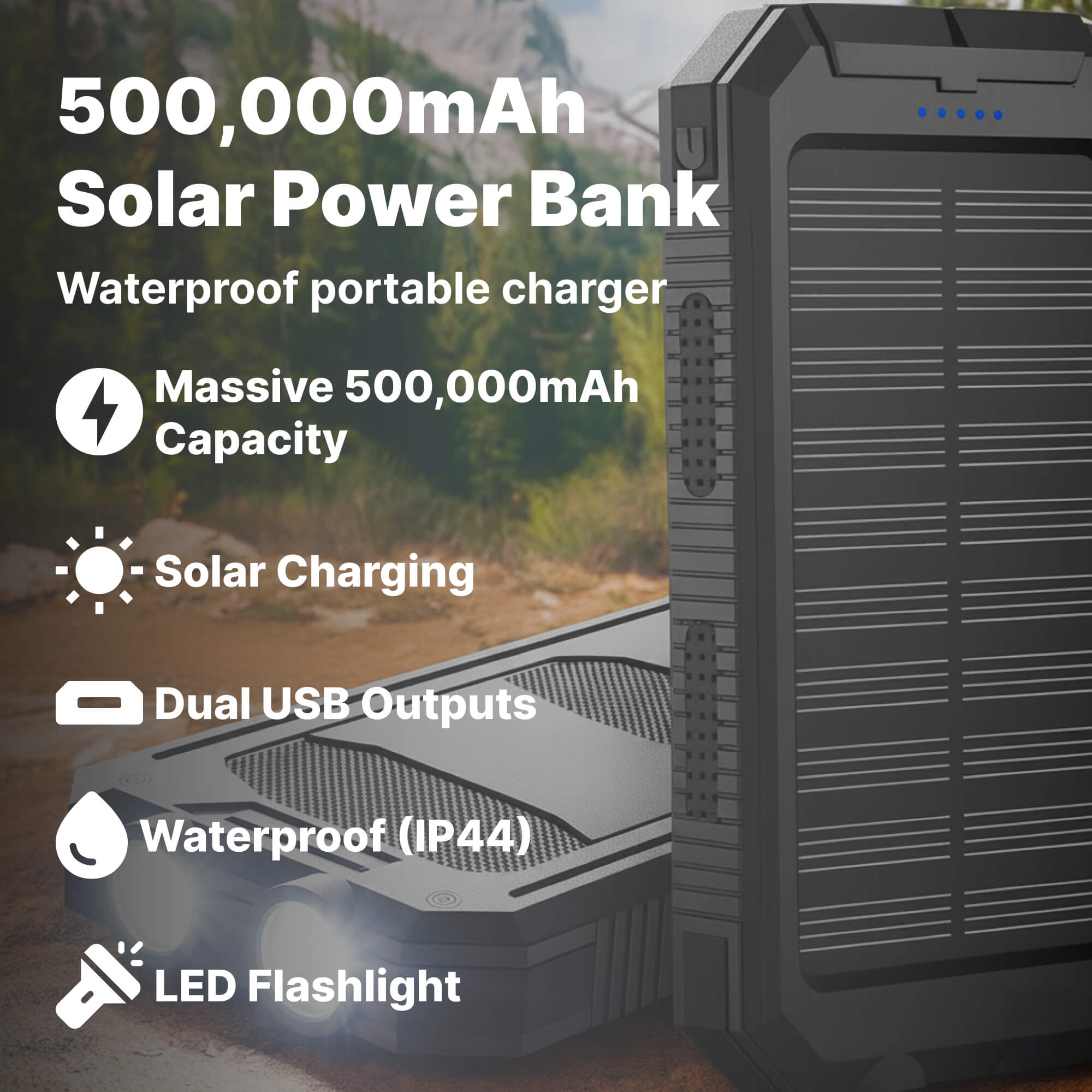 500000mAh Waterproof Solar Power Bank | Dual USB Portable Charger for Outdoor Adventures 2