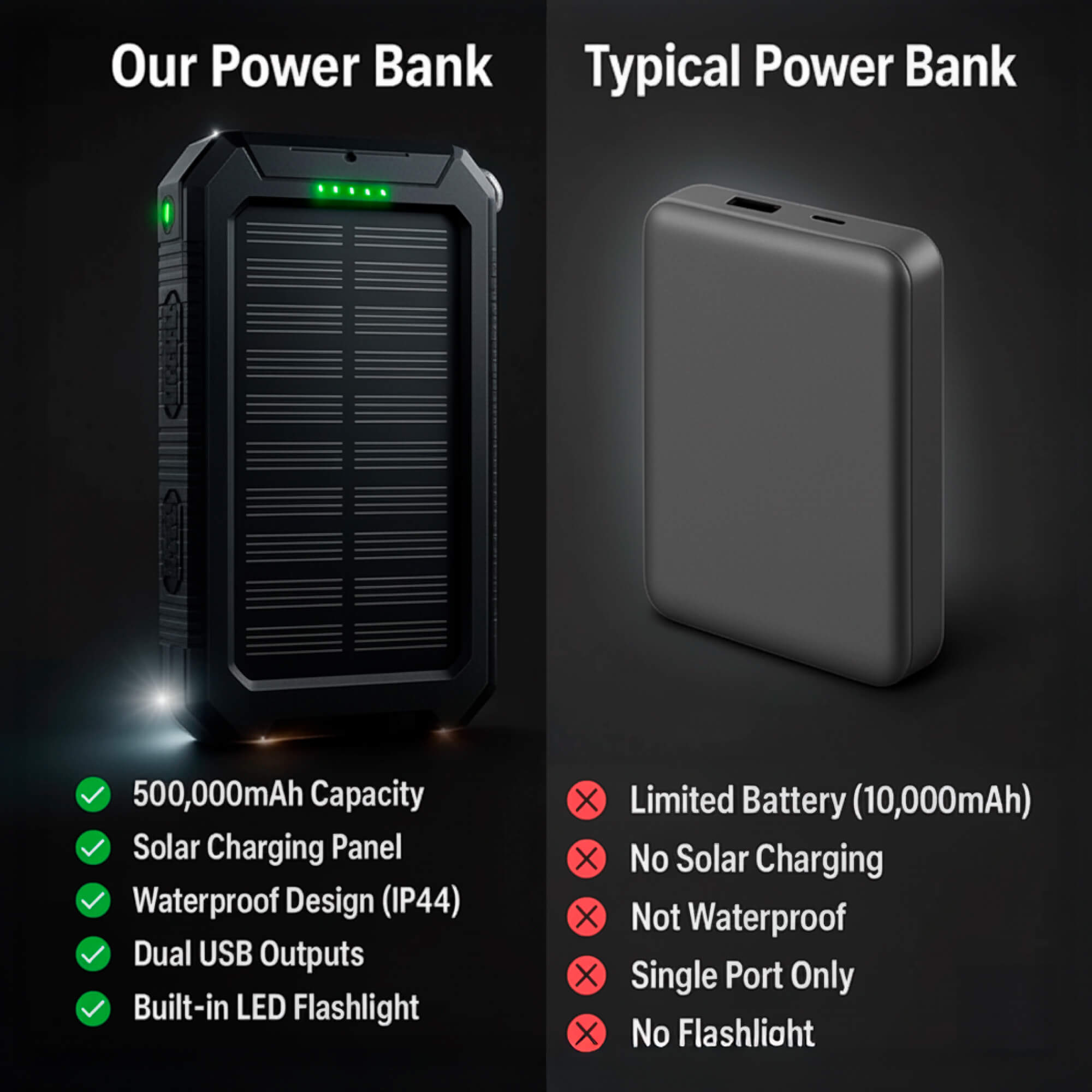 500000mAh Waterproof Solar Power Bank | Dual USB Portable Charger for Outdoor Adventures 7