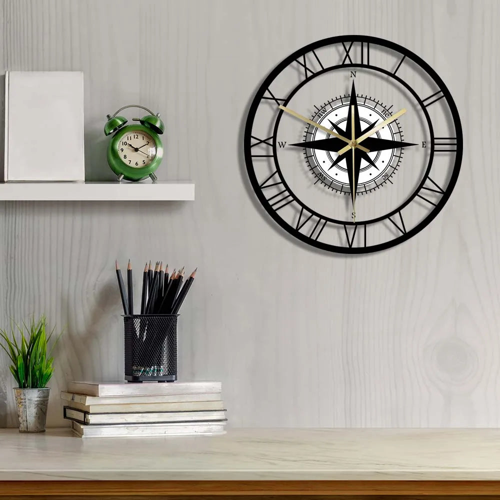 Nautical Wall Clock | Silent Compass Design | Vintage Metal Clock | Maritime Home Decor | Unique Gift Idea - Zardee-1