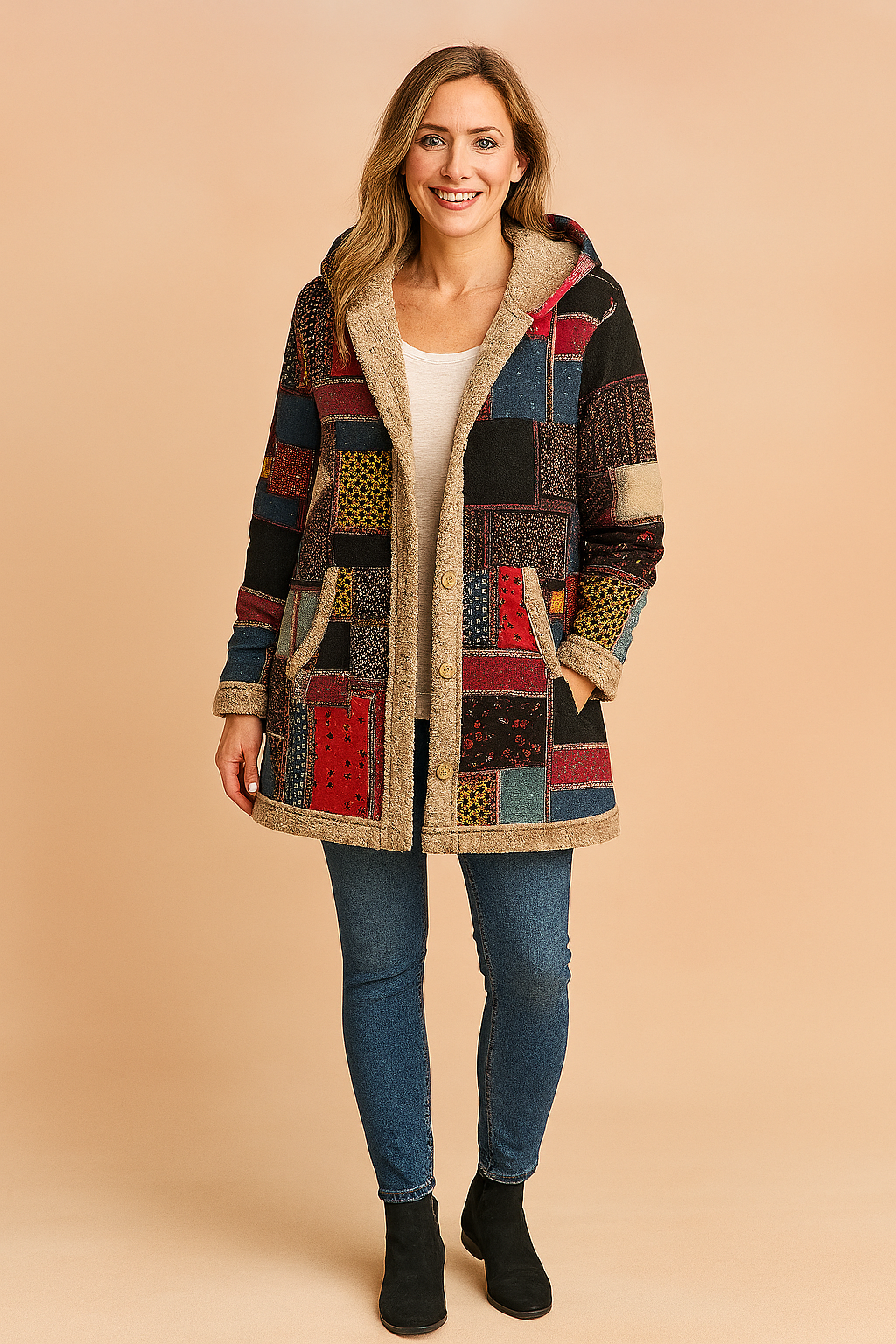 Milena | Women's Long Hooded Fleece Jacket with Patchwork Design 0