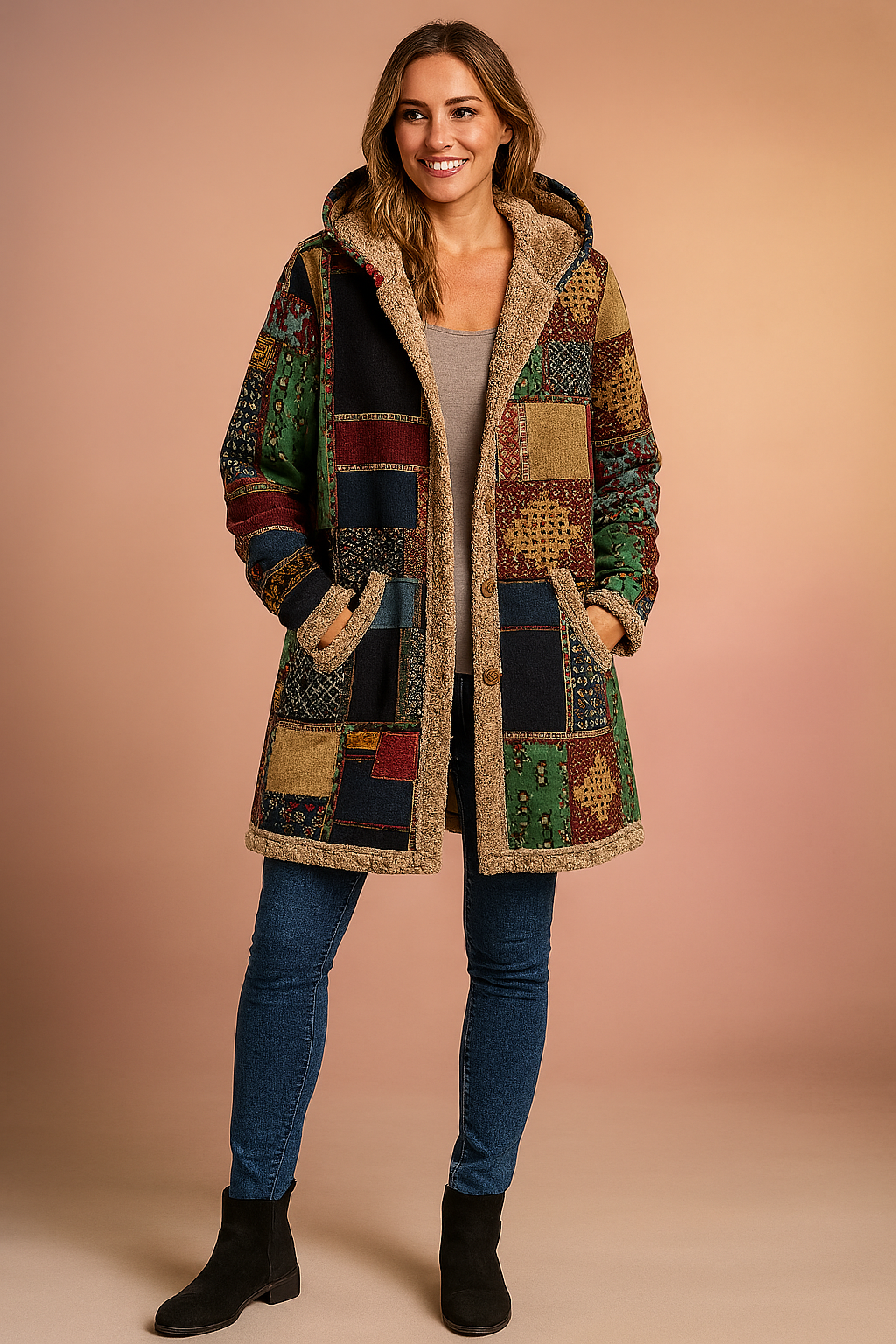 Milena | Women's Long Hooded Fleece Jacket with Patchwork Design 2